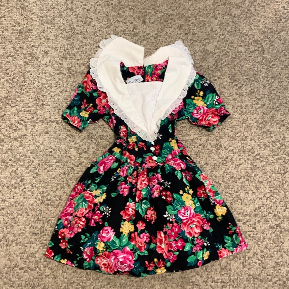 Vtg 80s Eve Too black floral white bib prairie v waist bright dress sz 6
